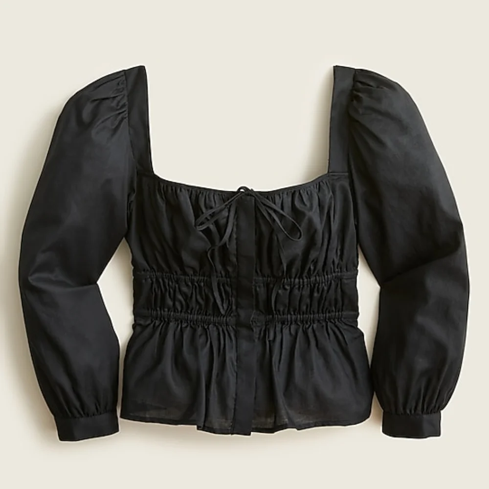 New! J Crew size 10 Cinched Waist Top Herringbone Cotton Black Square NWT